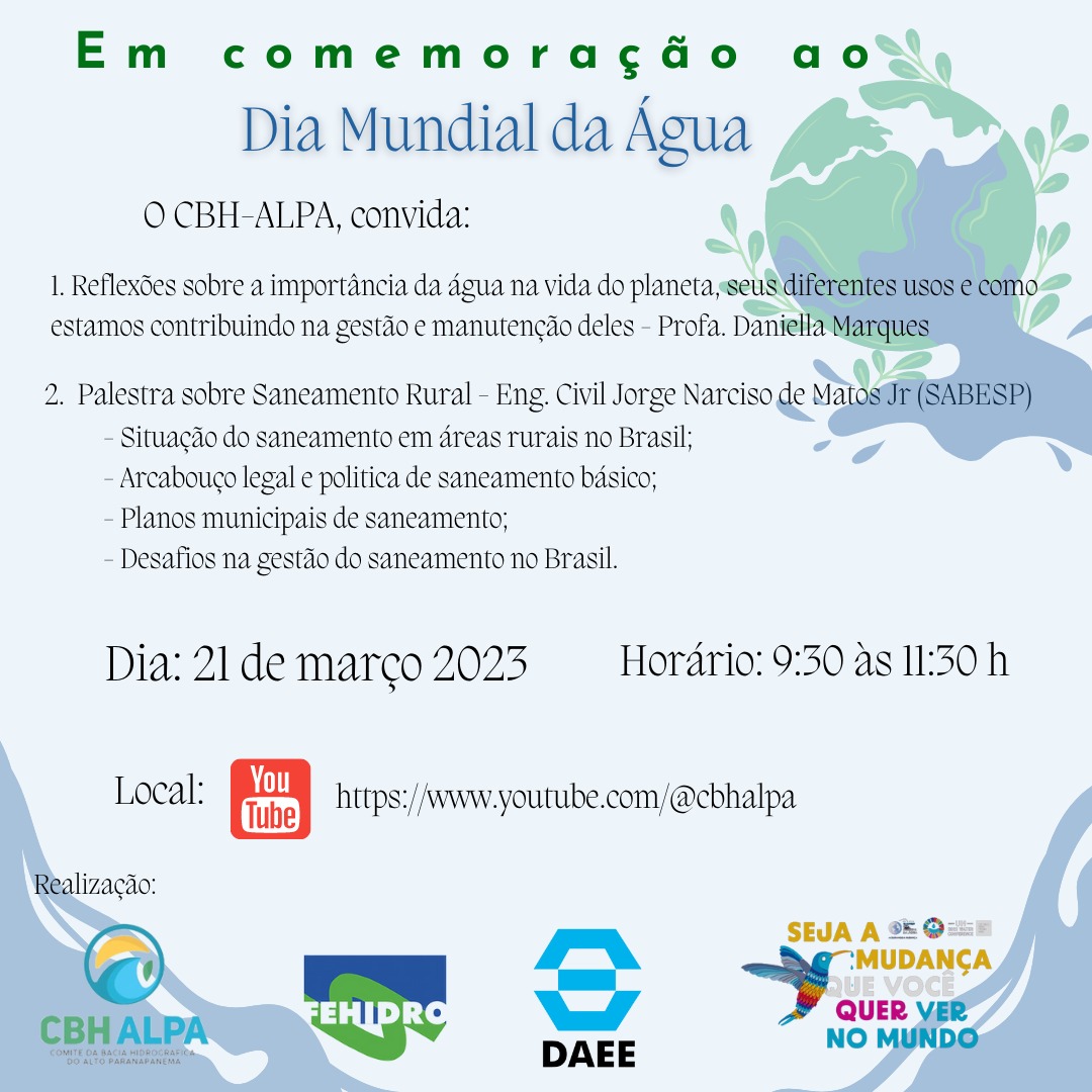 Transmissão ao vivo 21/03 – 9:30h – Comemoração ao Dia Mundial da Água